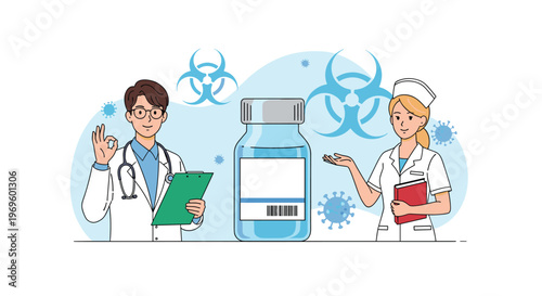Male doctor and female nurse standing by a giant vaccine vial with virus and biohazard symbols in the background.