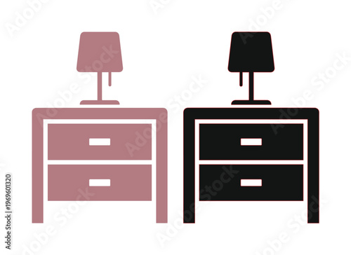 Minimalist bedside table icons with lamp, modern nightstand vector set in black and dusty rose, bedroom furniture silhouettes for interior design