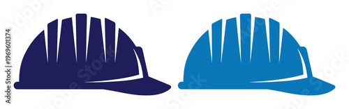 Construction hard hat icons in navy and royal blue, industrial safety helmet vector set, protective headwear for site workers, 2 EPS elements