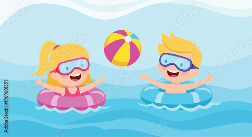 Happy boy and girl wearing swim goggles playing with a colorful beach ball while floating in blue water rings.