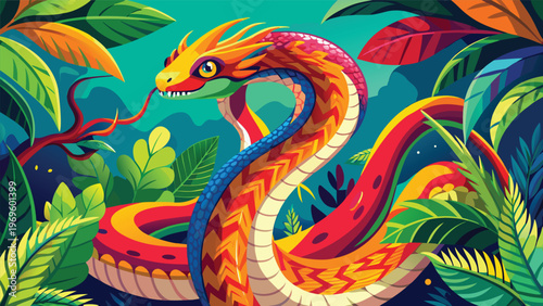 Colorful snake winds through dense tropical foliage in a vibrant jungle scene during daytime
