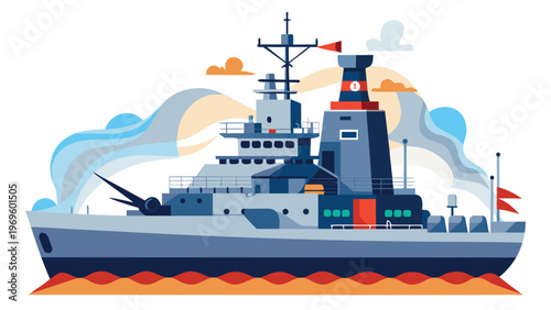 Large battleship sailing in open water with flags flying and smoke trailing from its smokestack during daytime hours