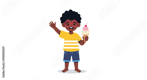 Young boy with glasses and curly hair waving and holding a tall ice cream cone with three different flavored scoops.
