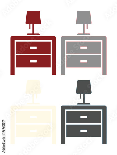 Minimalist bedside table icons with lamps, modern nightstand furniture set in four colors, bedroom interior decor vector EPS