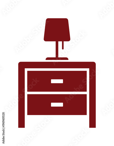 Minimalist bedside table icon with lamp, dark red nightstand with two drawers, bedroom furniture vector illustration for interior design