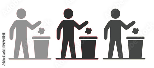 Minimalist trash bin icons set, person throwing garbage into waste basket, recycling and littering symbols in gray and black EPS vector