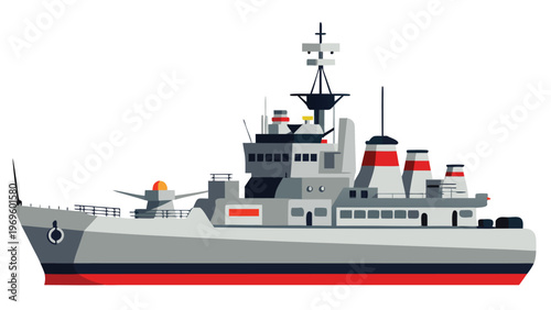 Military ship sailing in open water during daytime with clear sky and calm sea