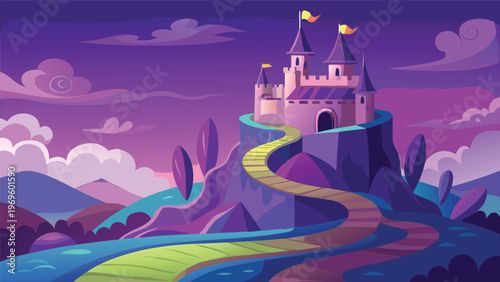 Colorful castle on a hill with a winding path leading up to it in a fantasy landscape at twilight