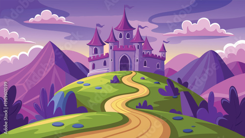 Colorful castle on a hill with a winding path under a purple sky during twilight