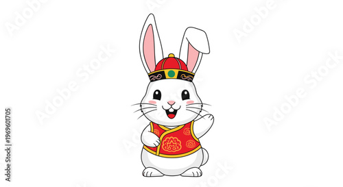 Cute cartoon white rabbit wearing traditional Chinese lunar new year costume waving its hand in a celebratory gesture on a white background.