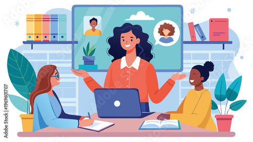 Group of people in online meeting with computer and notes in modern workspace during daytime