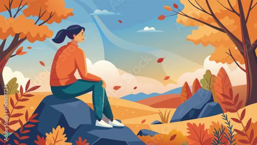 Person sits on a rock in an autumn landscape with trees and mountains in the background during a sunny day