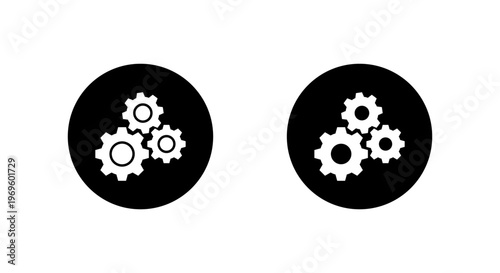 Cogwheel gear icon in black circle. Settings mechanism symbol. Configuration symbol