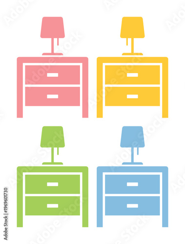 パステルカラーのサイドテーブルとデスクライトのアイコンセット, 寝室のインテリア家具のベクターイラスト, シンプルなフラットデザインのナイトテーブル, 4種類のカラーバリエーションの家具素材