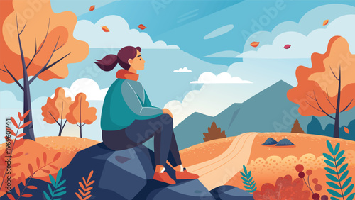 Person sits on rock in autumn landscape with orange trees and distant mountains under blue sky during a clear day