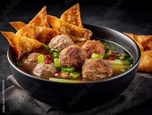 Close up of a bowl of soup with meatballs and wontons