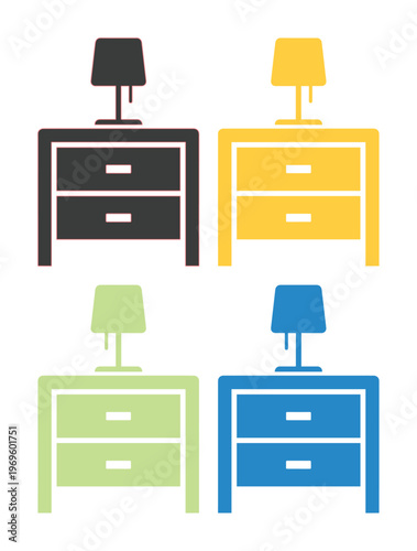 モダンなサイドテーブルとデスクライトのアイコンセット, シンプルな寝室用家具のベクターイラスト, 4色のカラーバリエーションが揃ったナイトテーブルのフラットデザイン, インテリアや住宅設備のウェブサイト用素材