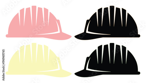 工事用ヘルメットのベクターアイコンセット, 建設現場の安全帽のフラットデザイン, ピンクと黄色と黒の作業用保護帽, 建築や製造業の安全管理イメージ, 4種類のカラーバリエーション