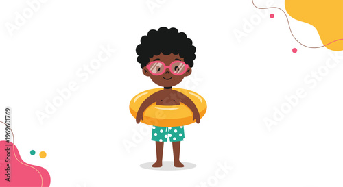 Happy young black boy wearing swim trunks and an inner tube while ready for a fun summer vacation at the beach or pool in the sun.