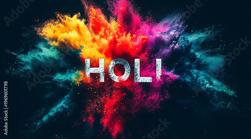 Holi Festival: A vibrant explosion of colors forms a captivating backdrop for the word Holi, symbolizing the joyous spirit and cultural celebration of the festival.
