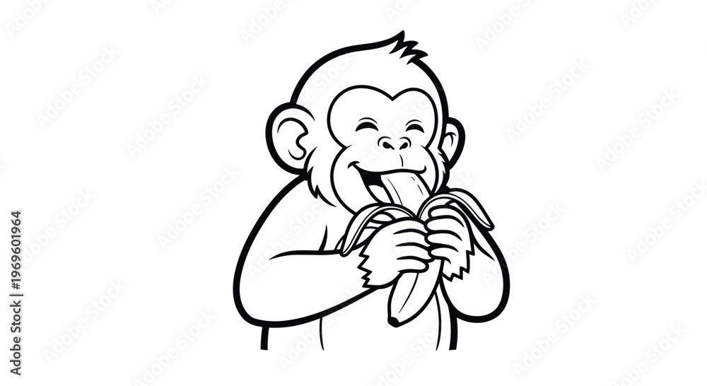 Fototapeta premium Cute cartoon monkey enjoying a delicious banana in a simple black and white line art illustration perfect for coloring books or icons.