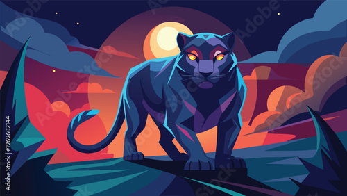 Panther stands on a rock with glowing eyes under a moonlit sky with clouds