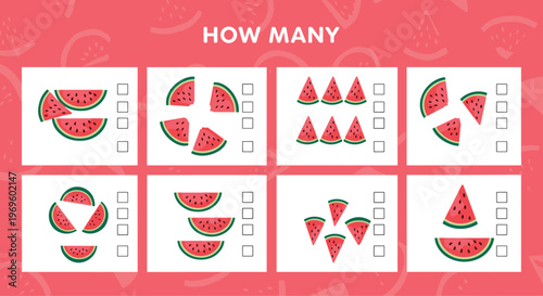 Educational math worksheet for kids featuring watermelon slices with the question how many to teach counting and basic arithmetic skills.