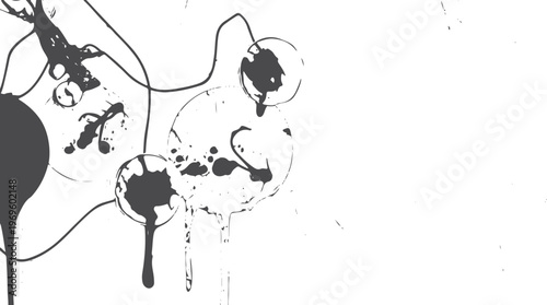 Dark gray ink splatters and curved lines on a stark white background