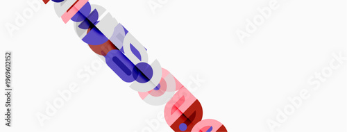 Abstract colorful shapes form diagonal line. Pink, blue hues dominate white background. Minimalist design, modern aesthetic.