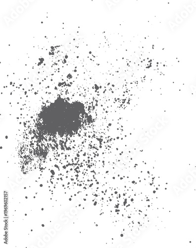 Dark gray ink splatter texture with scattered droplets on a white background