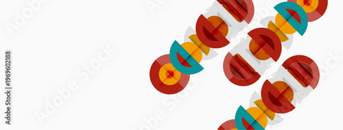 Colorful circular shapes overlap, creating diagonal pattern. Red, orange, blue, green hues dominate white background. Simple design.