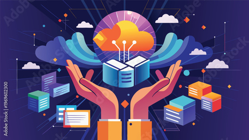 Hands holding an open book with cloud and data icons around it in a digital space