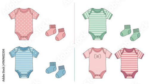 Collection of colorful baby bodysuits and matching socks in stripes and polka dots for infant clothing and newborn gift themes.