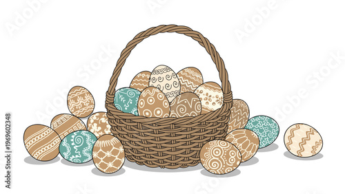 Large wicker basket filled with intricately decorated Easter eggs in various colors and patterns for spring holiday celebrations.