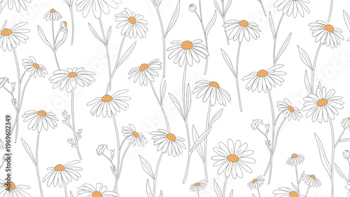 Beautiful seamless pattern of hand-drawn daisies with yellow centers and delicate gray outlines for floral background designs.