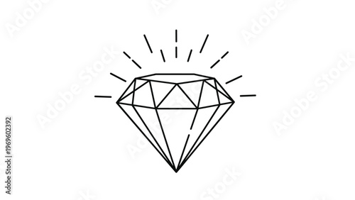 Sparkling diamond line art illustration with light rays and geometric facets representing luxury, wealth, and high quality jewelry.
