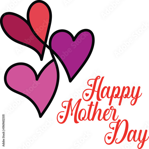 Three distinct outlined hearts in various pink and purple hues accompany a cheerful Happy Mother Day message