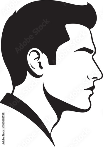Minimalist black and white side profile of a smoking man with short hair