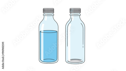 Pair of clear glass bottles with metallic caps shown with one containing fresh blue water and the other empty on a clean white background.