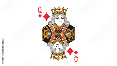 Traditional Queen of Diamonds playing card illustration featuring the royal figure with a crown and detailed attire on a plain white background.