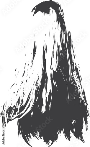 Dark grey ink brush stroke silhouette of long flowing hair on white background
