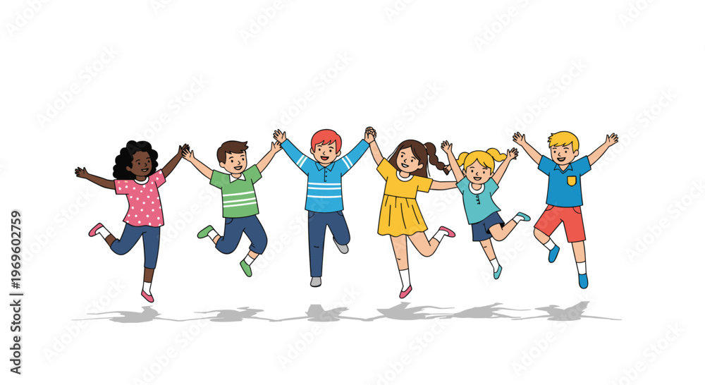 Fototapeta premium Group of multiethnic happy children jumping and holding hands together in celebration of global unity and friendship on white background.