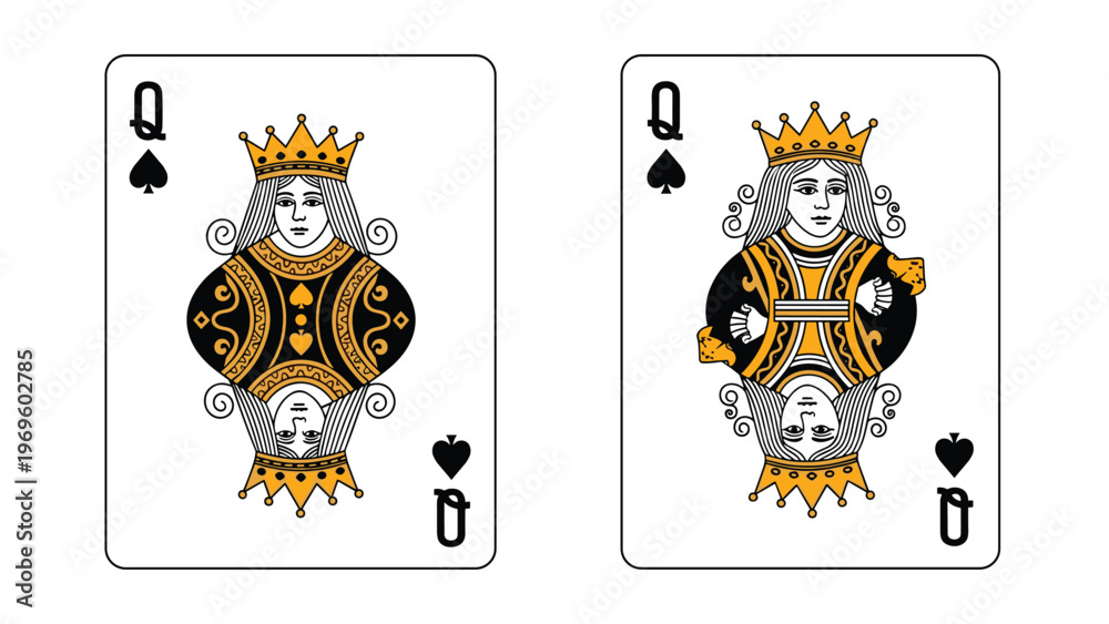 Obraz premium Pair of Queen of Spades playing cards displayed side-by-side featuring the classic royal figure with a crown and traditional black and gold attire.