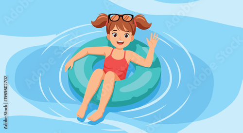 Happy young girl wearing a red swimsuit and sunglasses floating on a teal inner tube in a swimming pool or sea while waving to the camera.