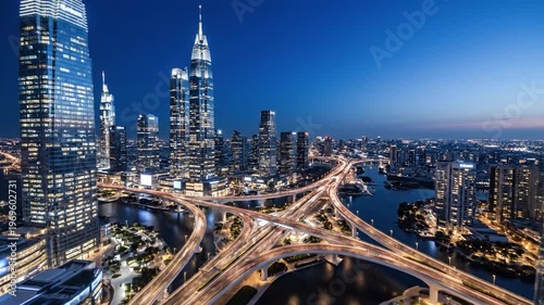 Modern city skyline night view with illuminated skyscrapers and highway traffic light trails