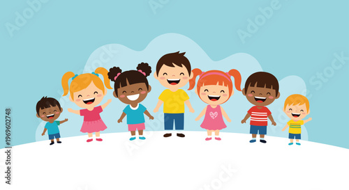 Diverse group of happy multiethnic children standing together in a row and smiling representing friendship and unity in early education.