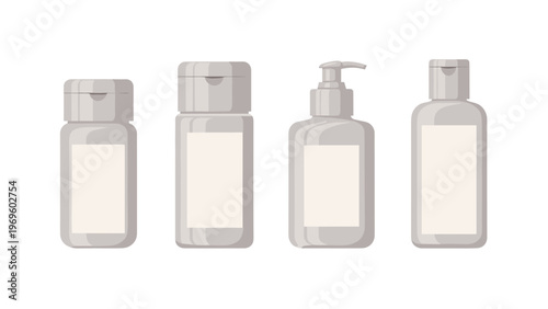 Selection of four different personal care bottles in shades of gray including a pump dispenser and various flip-top containers for toiletries.