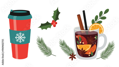 Collection of cozy winter elements including a festive red coffee to-go cup, a glass of mulled wine, holly berries, and evergreen branches.