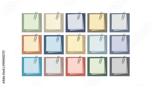 Large grid of fifteen colorful sticky notes in various pastel shades, each secured with a black paper clip for office organization and reminders.