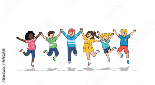 Group of multiethnic happy children jumping and holding hands together in celebration of global unity and friendship on white background.